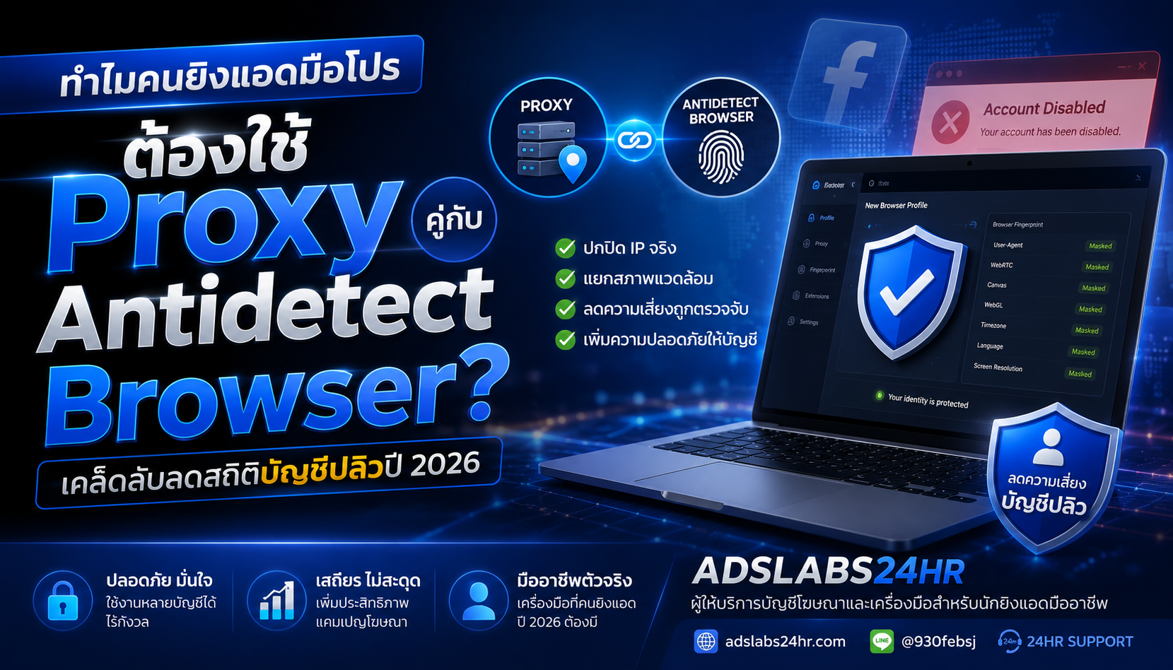 ทำไมคนยิงแอดมือโปรต้องใช้ Proxy คู่กับ Antidetect Browser? เคล็ดลับลดสถิติบัญชีปลิวปี 2026 | ADSLABS24HR