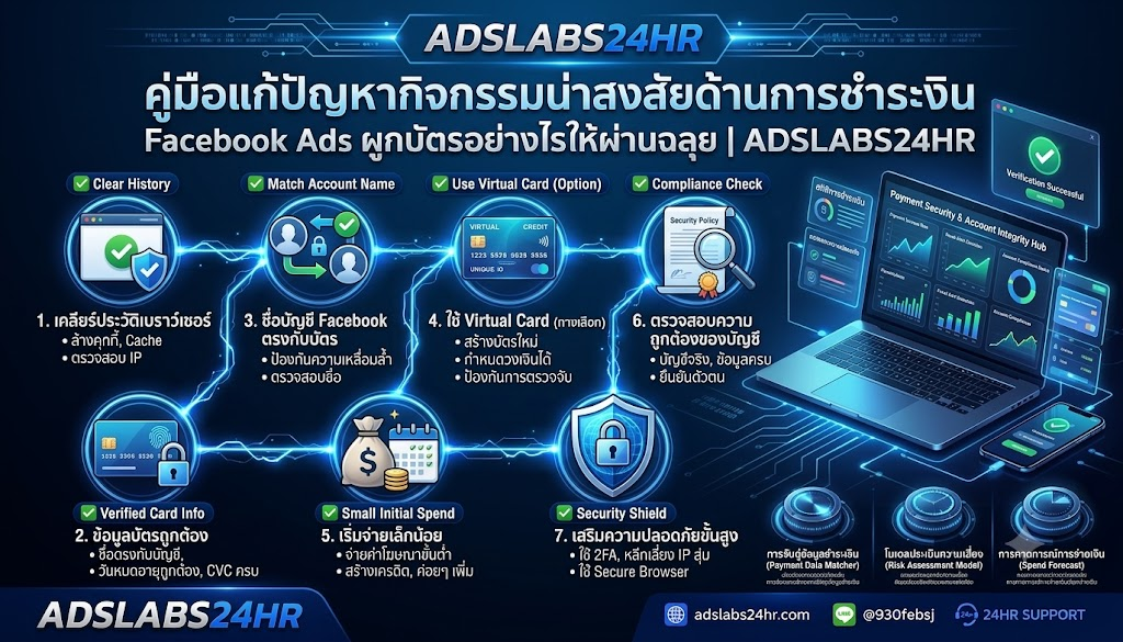 แก้ปัญหากิจกรรมน่าสงสัยด้านการชำระเงิน Facebook Ads ผูกบัตรอย่างไรให้ผ่านฉลุย | ADSLABS24HR