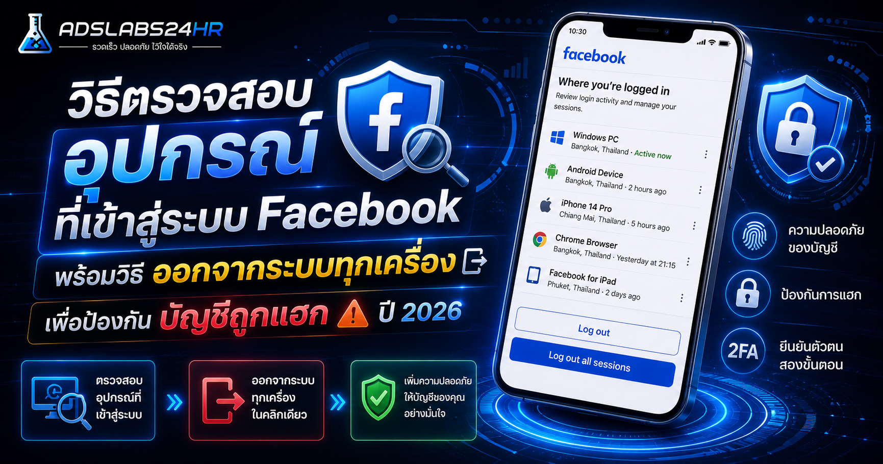 วิธีตรวจสอบอุปกรณ์ที่เข้าสู่ระบบ Facebook พร้อมวิธีออกจากระบบทุกเครื่อง เพื่อป้องกันบัญชีถูกแฮก ปี 2026