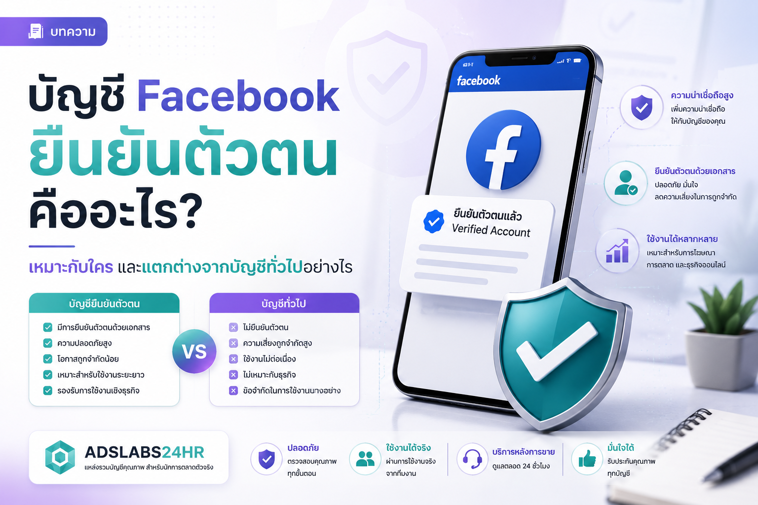 บัญชี Facebook ยืนยันตัวตน คืออะไร? เหมาะกับใคร และแตกต่างจากบัญชีทั่วไปอย่างไร | ADSLABS24HR