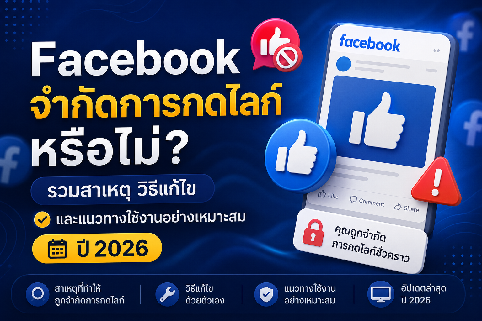 Facebook จำกัดการกดไลก์หรือไม่? รวมสาเหตุ วิธีแก้ไข และแนวทางป้องกันบัญชีถูกจำกัดการใช้งาน Facebook ปี 2026