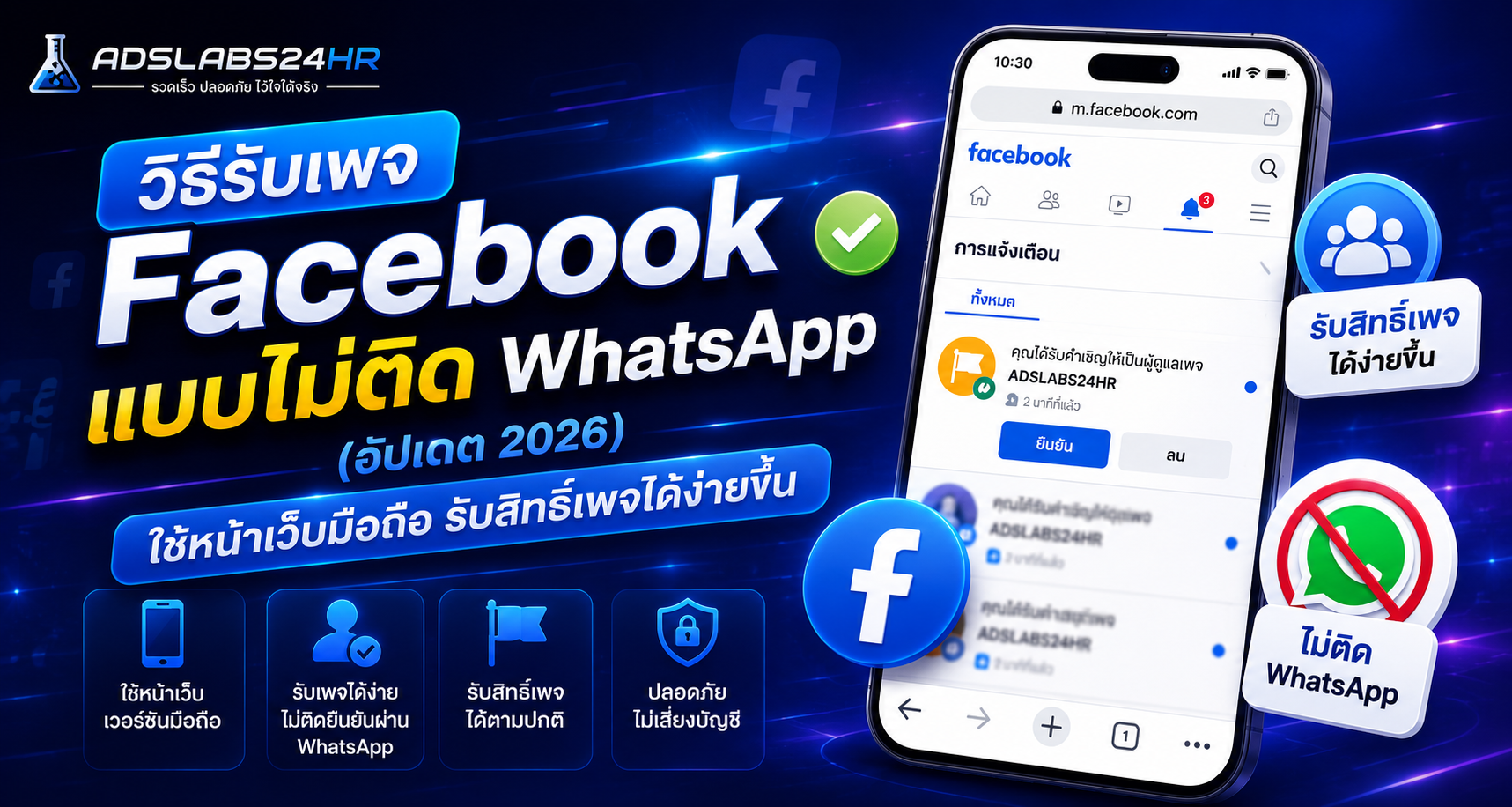 วิธีรับเพจ Facebook แบบไม่ติด WhatsApp (อัปเดต 2026) ใช้หน้าเว็บมือถือ รับสิทธิ์เพจได้ง่ายขึ้น