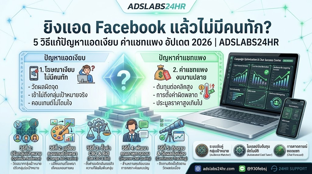 ยิงแอด Facebook แล้วไม่มีคนทัก? 5 วิธีแก้ปัญหาแอดเงียบ ค่าแชทแพง อัปเดต 2026 | ADSLABS24HR